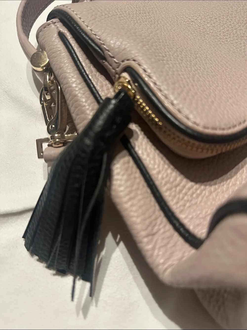 kate spade mauve taupe pebbled leather crossbody with tassel